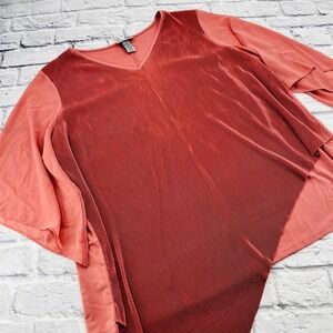 Catherines Womens 2X 22/24 Pink 3/4 Sleeve Pleated V Neck Blouse Top Asymetrical